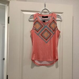 Lucky & Blessed Coral Sleeveless Tank with Geometric Embroidery - Size M - NWT